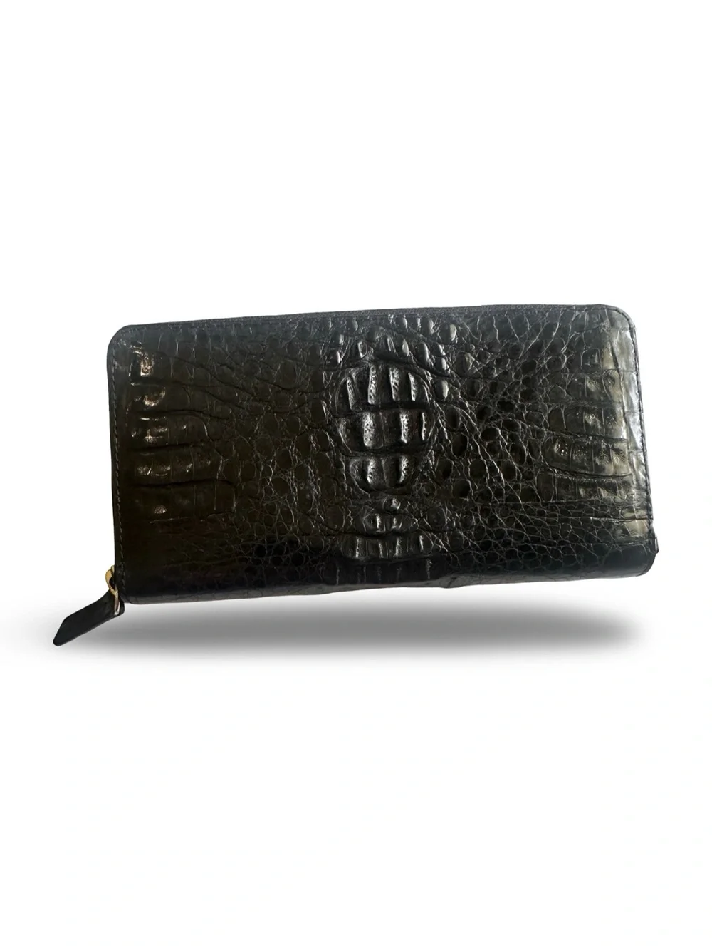 Black Leather Croc-Embossed Zip Around Wallet